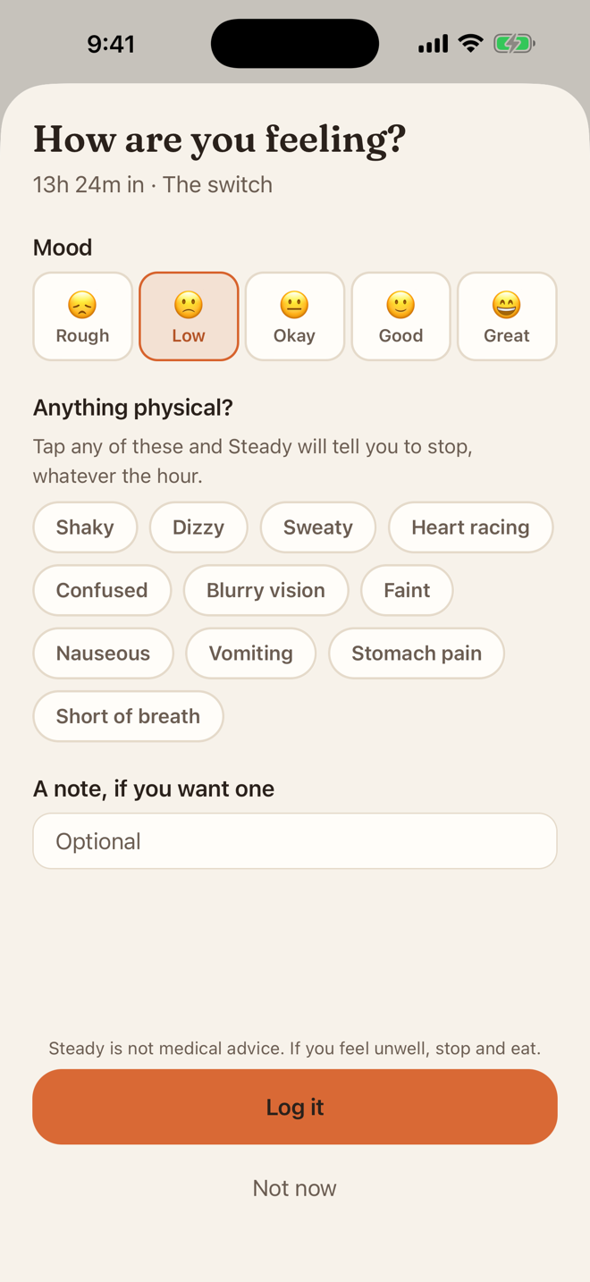 Steady's check-in screen with five mood faces from Rough to Great, and physical warning signs such as Shaky and Dizzy that make the app tell you to stop