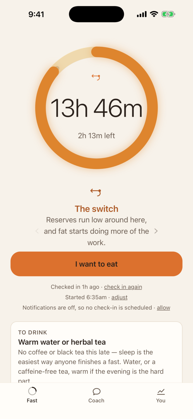Steady's timer at 13 hours 46 minutes into a 16 hour fast, showing the stage called The switch and a button that says I want to eat